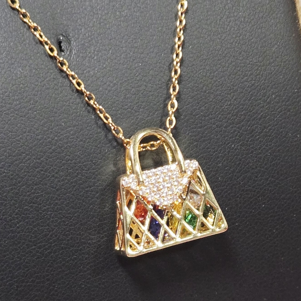 Gold Handbag Necklace Rhinestone Purse Pendant Cute Bling Fashion Jewelry Gift - Picture 10 of 10